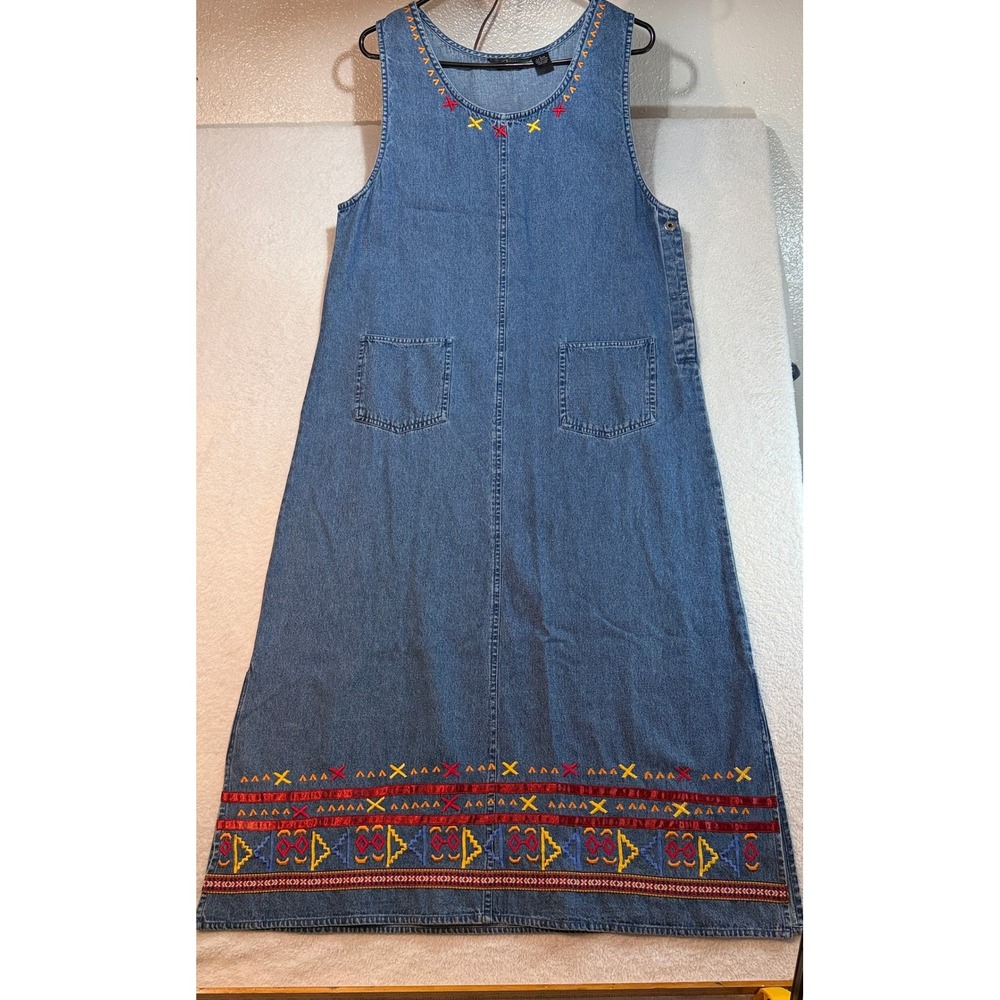 Asari Collection Vintage Denim Jumper Dress Embroidered Southwestern Blue Large